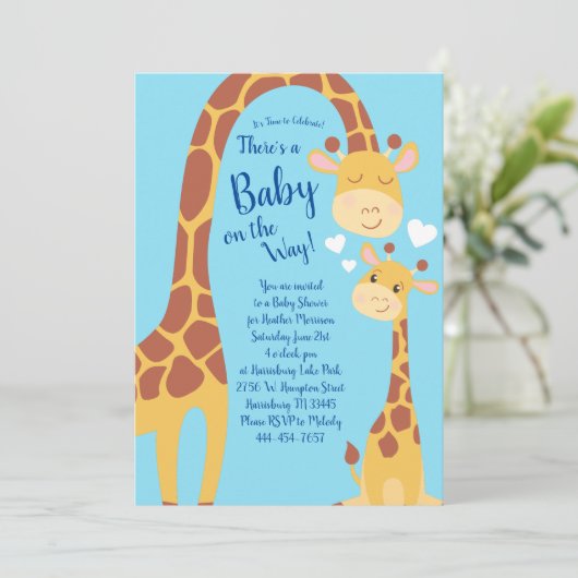 かわいいキリン赤ちゃんシャワーブルーボーイ 招待状 (スタンド正面)