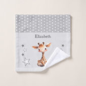 かわいいキリン追加ネーム水玉模様星灰色 ウォッシュタオル (ウォッシュタオル)