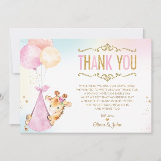 かわいいキリン風船ガールベイビーシャワー散水 サンキューカード (正面)
