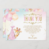 かわいいキリン風船ガールベイビーシャワー散水 サンキューカード (正面/裏面)