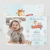 かわいいキリン飛行機が冒険する誕生日写真 招待状 (正面/裏面)