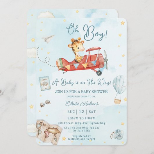かわいいキリン飛行機アドベンチャーオーボーイベビーシャワー 招待状 (正面/裏面)