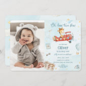 かわいいキリン飛行機フライアドベンチャー誕生日写真 招待状 (正面/裏面)