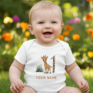かわいいキリン1歳の誕生日 ベビーボディスーツ