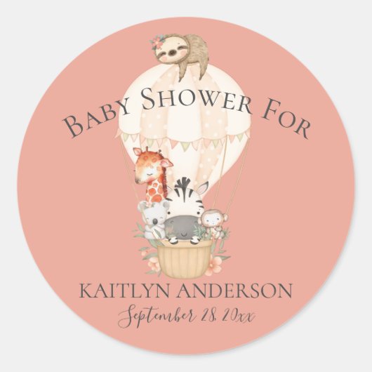 かわいいキリン ゼブラ 気球 赤ちゃん女の子 ラウンドシール (正面)