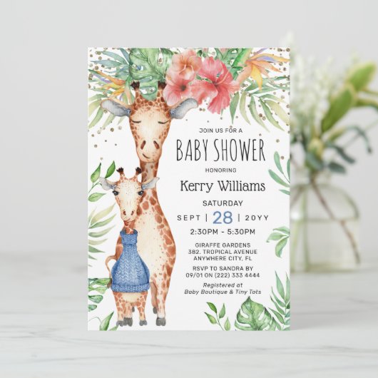 かわいいキリン&トロピカルグリーン少年の赤ちゃんシャワー 招待状 (スタンド正面)
