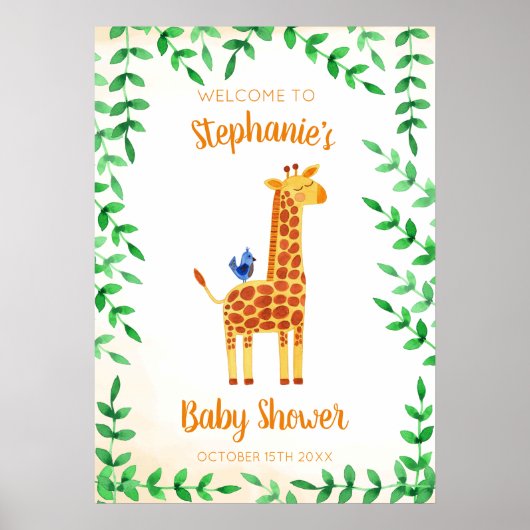 かわいいキリン&バードウォーター色ベビーシャワー ポスター (正面)