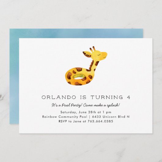 かわいいキリン・フロアティプール誕生日パーティー 招待状 (正面/裏面)