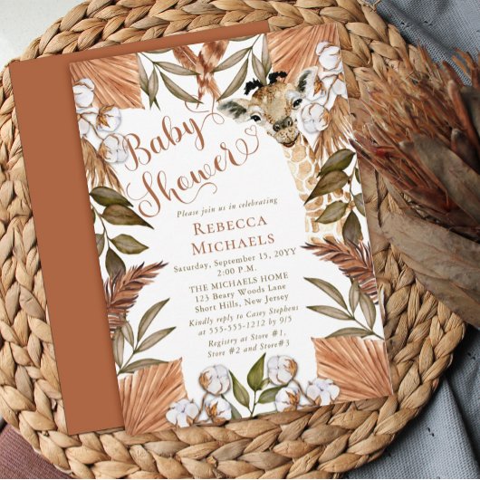 かわいいキリン ボヘミアンスタイル ドライグラス ベビーシャワー 招待状