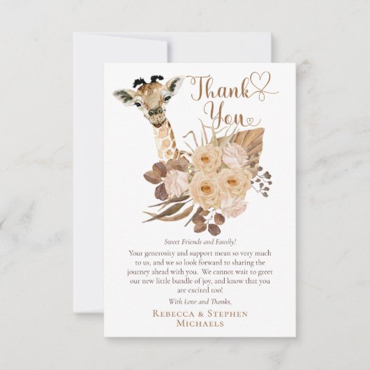 かわいいキリン・ボホ乾燥した草の赤ちゃん感謝していシャワー サンキューカード (正面)