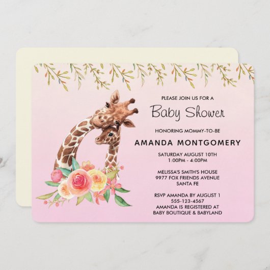 かわいいキリン 水彩 ママ & 赤ちゃん ベビーシャワー 招待状 (正面/裏面)