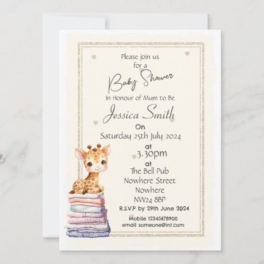 かわいいキリン 赤ちゃん歓迎会 招待状 (正面)