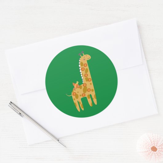 かわいいキリン 鳥 & 花 ゴールド オレンジ 緑 ラウンドシール (封筒)