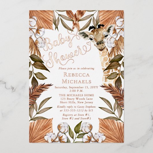 かわいいキリンBOHO乾燥した草赤ちゃんシャワー箔 箔招待状 (正面)