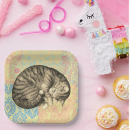 かわいいキルトの上で寝る猫 ペーパープレート