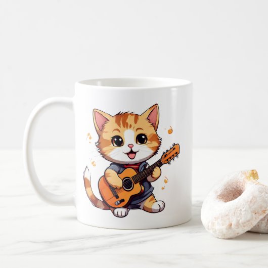 かわいいギターの弾き語りをする子猫 コーヒーマグカップ (ドーナツ)