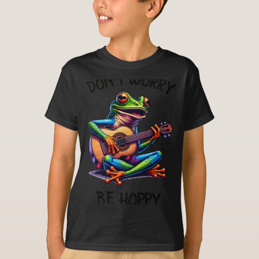 かわいいギターを弾くカエル Don't Worry Be Hoppy _2 Tシャツ (正面)
