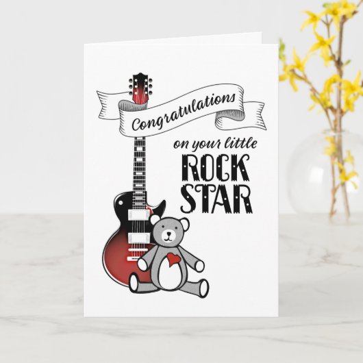 かわいいギターテディロックスターロック転がベビーシャワーC カード (黄色い花)