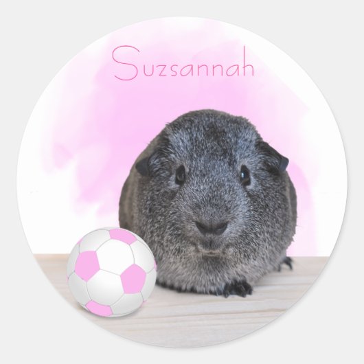 かわいいギニアピッグピンクサッカーボール名前をカスタムする ラウンドシール (正面)