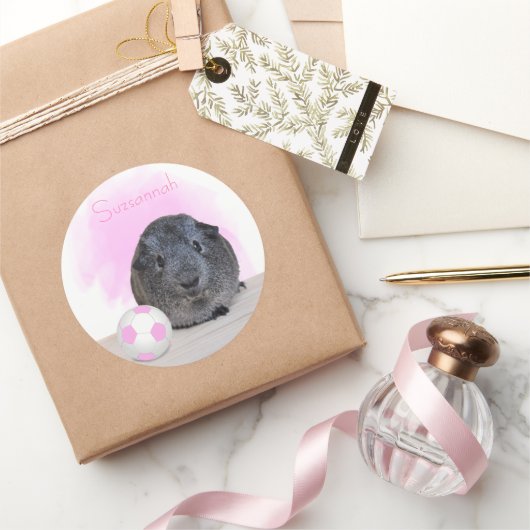 かわいいギニアピッグピンクサッカーボール名前をカスタムする ラウンドシール (ギフト)