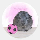 かわいいギニアピッグピンクサッカーボール名前をカスタムする ラウンドシール (正面)