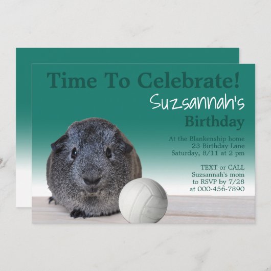 かわいいギニア豚バレーボールカスタム誕生日パーティー 招待状 (正面/裏面)