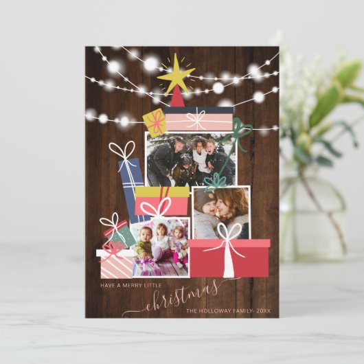 かわいいギフトクリスマスツリー木材3写真コラージュ 案内状 (スタンド正面)