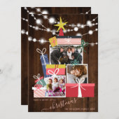 かわいいギフトクリスマスツリー木材3写真コラージュ 案内状 (正面/裏面)