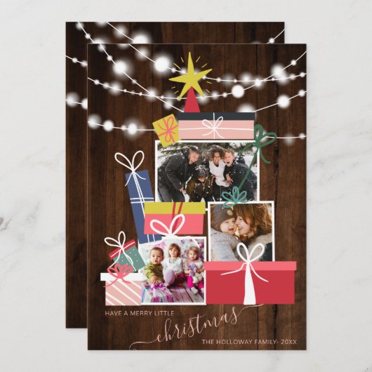 かわいいギフトクリスマスツリー木材3写真コラージュ 案内状 (正面/裏面)