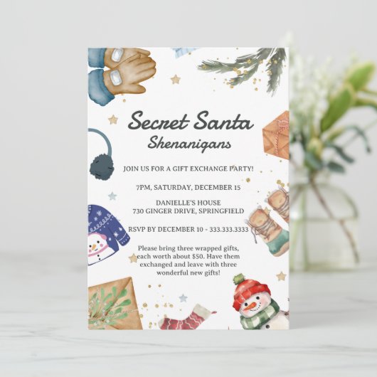 かわいいギフト交換おもしろいクリスマスシークレットサンタ 招待状 (スタンド正面)