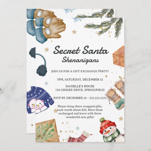 かわいいギフト交換おもしろいクリスマスシークレットサンタ 招待状 (正面/裏面)