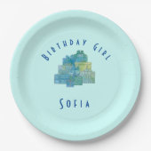 かわいいギフト誕生日ガールブルーグリーン ペーパープレート (正面)
