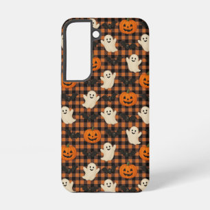 かわいいギンガムチェックのハロウィンのおばけカボチャコウモリ SAMSUNG GALAXY S22ケース