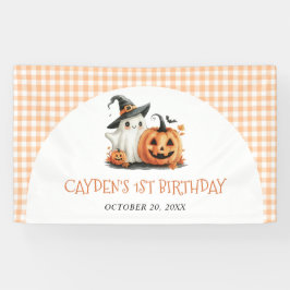かわいいギンガムチェックのハロウィンガーストの1歳の誕生日 横断幕