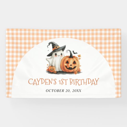かわいいギンガムチェックのハロウィンガーストの1歳の誕生日 横断幕 (横)