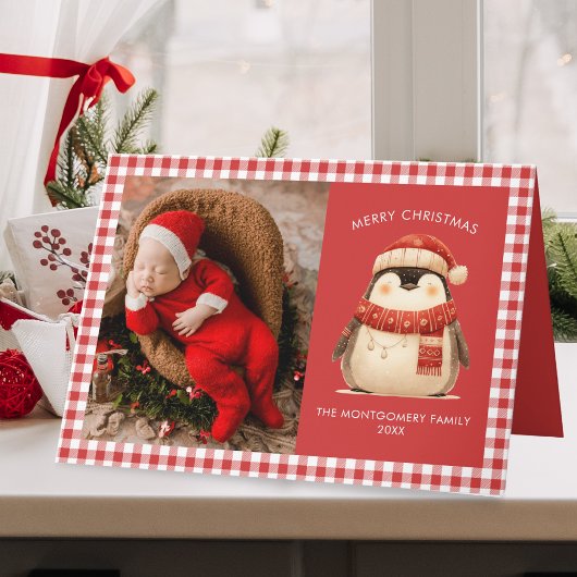 かわいいギンガムチェック家族のクリスマスフォト カード