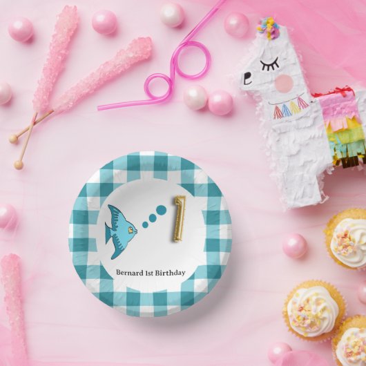 かわいいギンガムティール（緑がかった色）ブルーフィッシュ&バルーン1st誕生日 ペーパーボウル (パーティー)