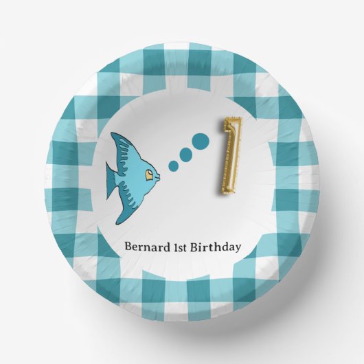 かわいいギンガムティール（緑がかった色）ブルーフィッシュ&バルーン1st誕生日 ペーパーボウル (正面)