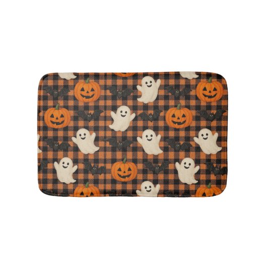 かわいいギンガムハロウィーン幽霊カボチャこうもり バスマット (正面)
