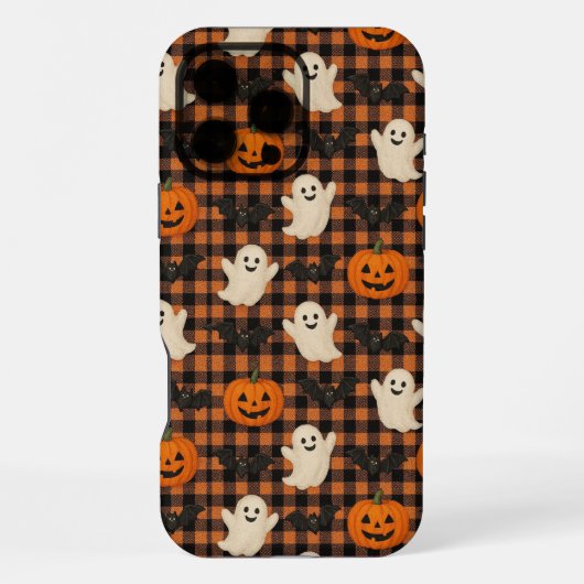 かわいいギンガムハロウィーン幽霊カボチャこうもり iPhoneケース (裏面)