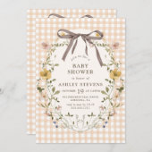 かわいいギンガム秋の花柄 ニュートラルベビーシャワー 招待状 (正面/裏面)