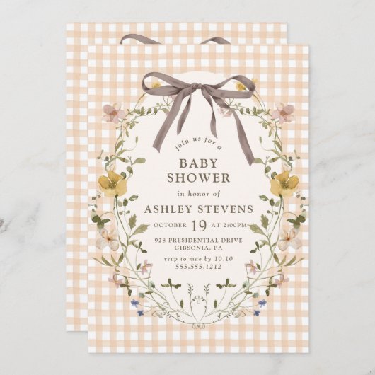 かわいいギンガム秋フローラニュートラルベビーシャワー 招待状 (正面/裏面)