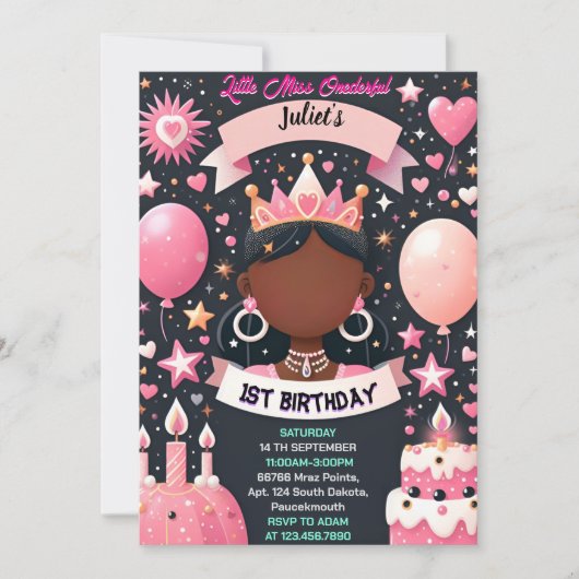 かわいいクイーンリトル恋しく思オネダーフル1歳の誕生日 招待状 (正面)