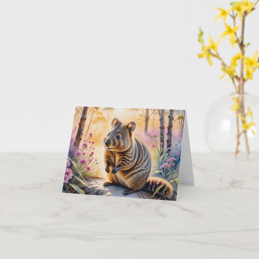 かわいいクオッカ ピンクの花 水彩 ブランケット グリーティングカード (黄色い花)