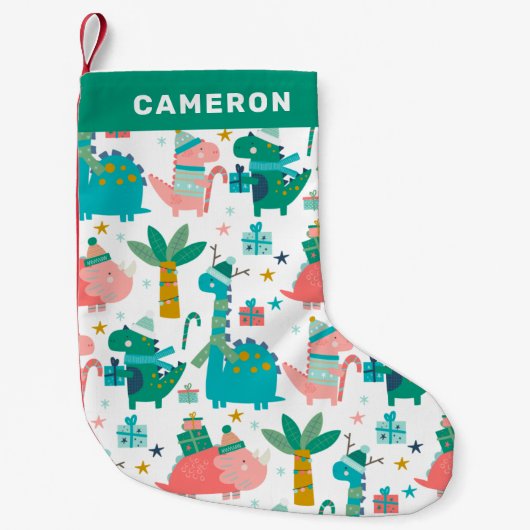 かわいいクカラフルリスマス恐竜パーソナライズされたたち スモールクリスマスストッキング (正面)