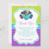 かわいいクジャクのグリーンとパープルの誕生日 サンキューカード (正面)