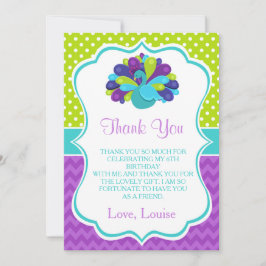 かわいいクジャクのグリーンとパープルの誕生日 サンキューカード