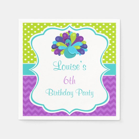 かわいいクジャク緑と紫 スタンダードカクテルナプキン (正面)