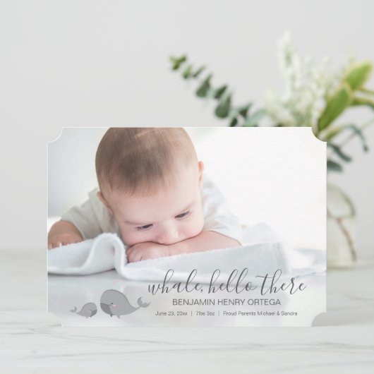 かわいいクジラこんにちはベビー写真の発表 案内状 (スタンド正面)