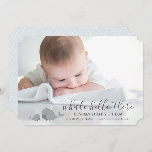かわいいクジラこんにちはベビー写真の発表 案内状 (正面/裏面)